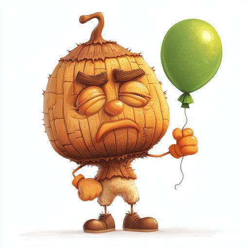 Humorous caricature of an acorn caricature clipart with human characteristics, exaggerated frowning mouth, big feet, holding a balloon, vibrant colors, cartoon style, thumbs down, high resolution, no background, isolated