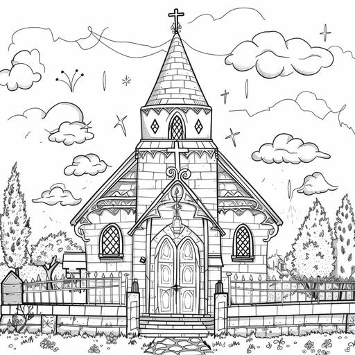 Whimsical cartoon church with smiling faces