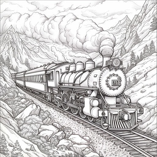 Detailed steam locomotive crossing a mountain pass