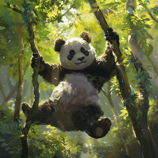 Giant panda swinging in a sunlit forest
