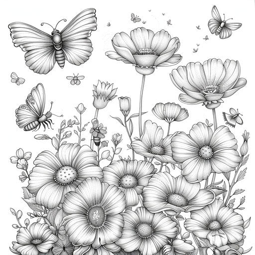 Butterflies and bees flying around spring flowers