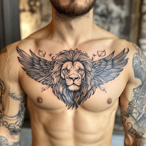 Lion chest tattoo symbolizing strength and protection