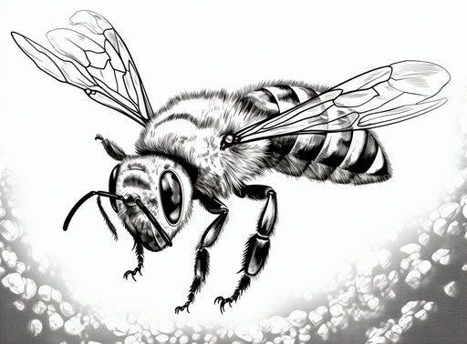 Flying bee in black and white in detailed sci-fi style