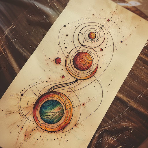 Three dots transformed into planets, colored in rich earth tones