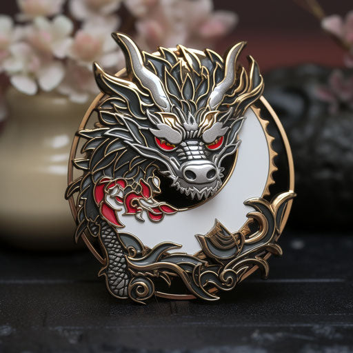 Black dragon enamel pin with red and white