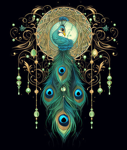 Peacock dream catcher illustration vector art, light green and dark aquamarine style, ephemeral patterns, net art, mughal art, classic tattoo motifs, magnified ornamentation
