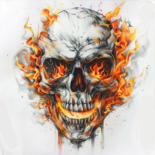 Flaming skull, symbol of power, tattoo design on white