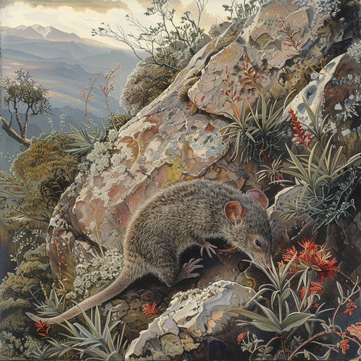 Antechinus exploring a rocky outcrop in a mountainous area