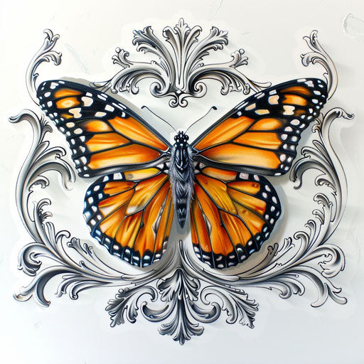 Baroque detailed monarch butterfly tattoo art on pure white background