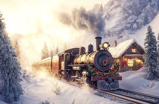 Vintage steam train in snow with Christmas decorations
