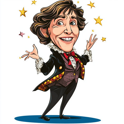 Humorous caricature of a Louisa May Alcott caricature clipart with human characteristics, exaggerated prominent chin, long legs, surrounded by stars, vibrant colors, cartoon style, waving, high-resolution, no background, isolated –c 40