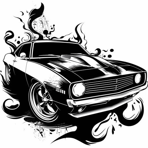 Flat tattoo sketch of a muscle car with tribal designs