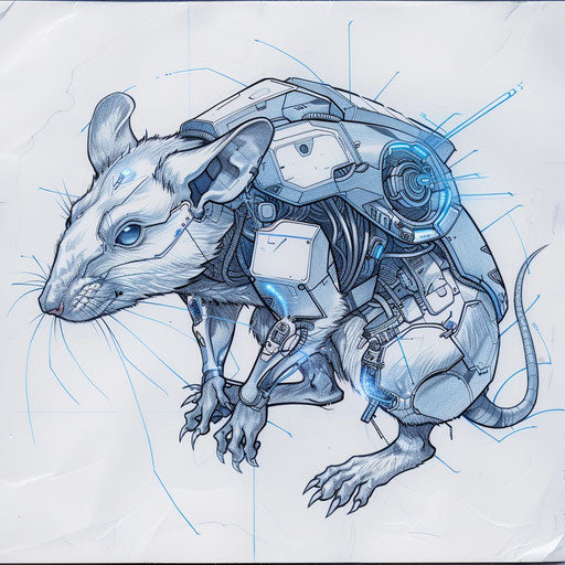 Futuristic tattoo sketch of a rat with cybernetic enhancements, in metallic blues and grays