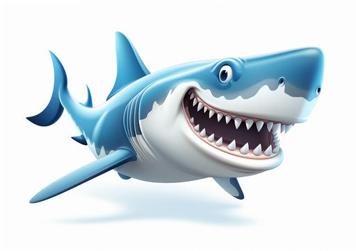 Cartoon shark in 3D graphic novel style blue white shading