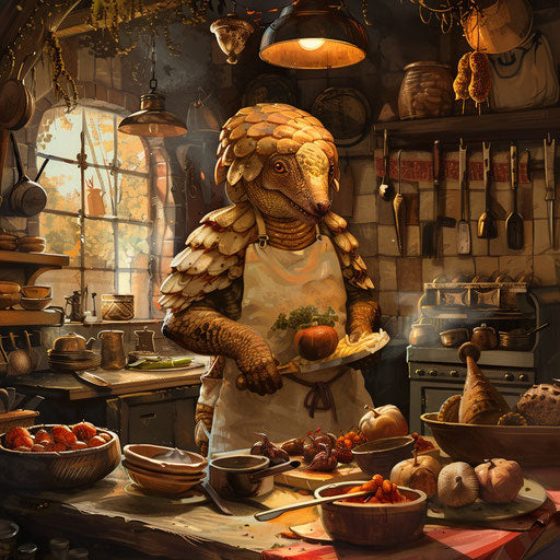 Pangolin chef in a bustling kitchen, cooking exotic dishes