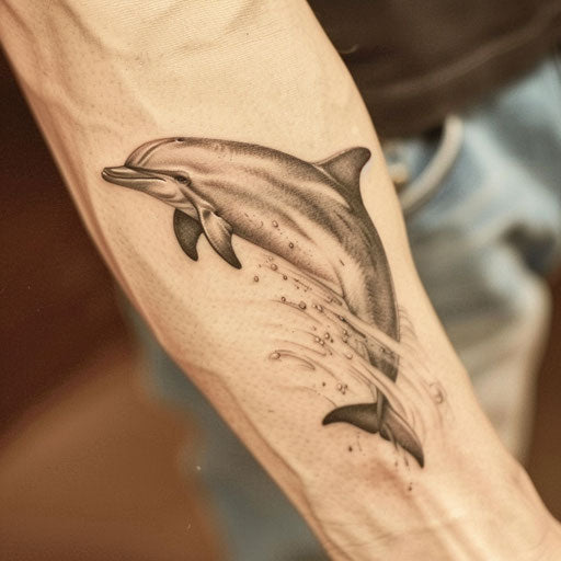 Realistic grey dolphin leaping out of the water tattoo