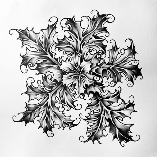 Blackwork tattoo illustration of Holly, complex patterns and bold black areas on white background