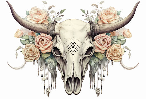 Buffalo skull with feathers and roses tattooed on neck