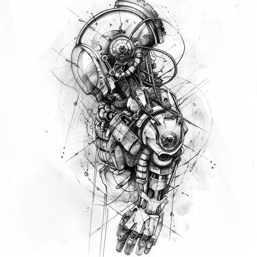 Renaissance-inspired mechanical tattoo design in automaton Leonardo da Vinci sketch style, on white background
