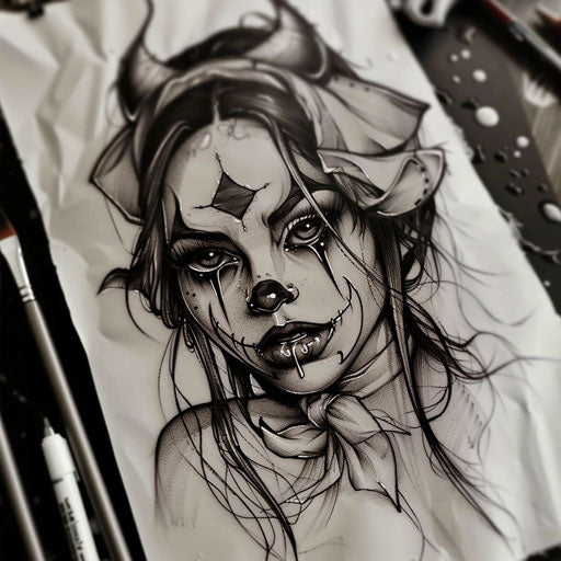 Tattoo sketch of a Chicano art clown girl with tears, dramatic and vivid