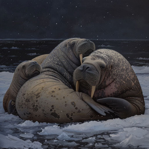 Close-knit family of walrus seals cuddling for warmth on a chilly Arctic night
