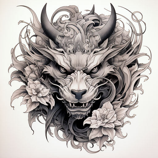 Black and white dragon and flowers, classic tattoo style