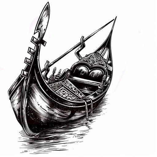 Detailed black ink Italian gondola design on white background