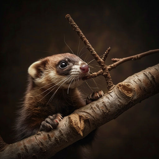 A ferret playing with a fallen branch in the style of Elke Vogelsang
