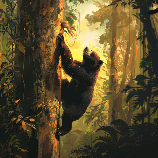Sun bear climbing a tree in the tropical rainforest