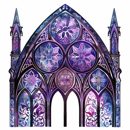 Intricate gothic cathedral window tattoo design in deep colors