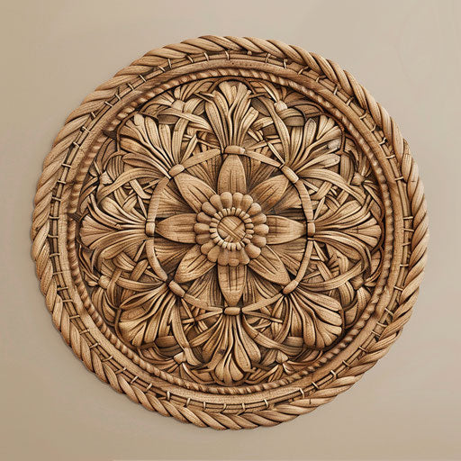 Realistic tapestry on beige background, rustic appeal and intricate patterns