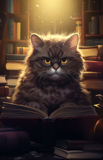 A cat in glasses reading a book under a bookstand, deconstructive