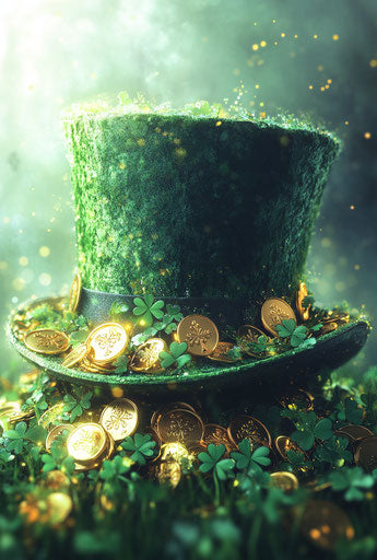 Green hat with gold coins and shamrocks, St. Patrick's background