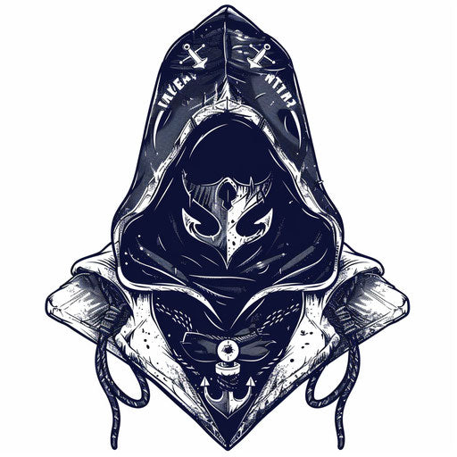 Flat nautical clipart style tattoo sketch of a sailor's hood with classic maritime symbols in navy and white