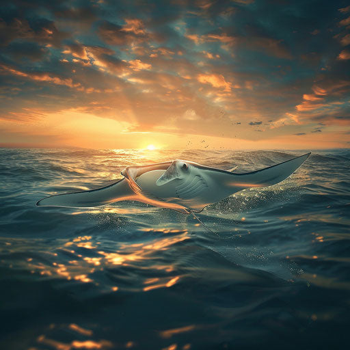 Manta ray gracefully swimming in the ocean at sunset