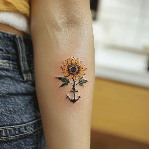 Small sunflower tattoo with an anchor entwined in the stem