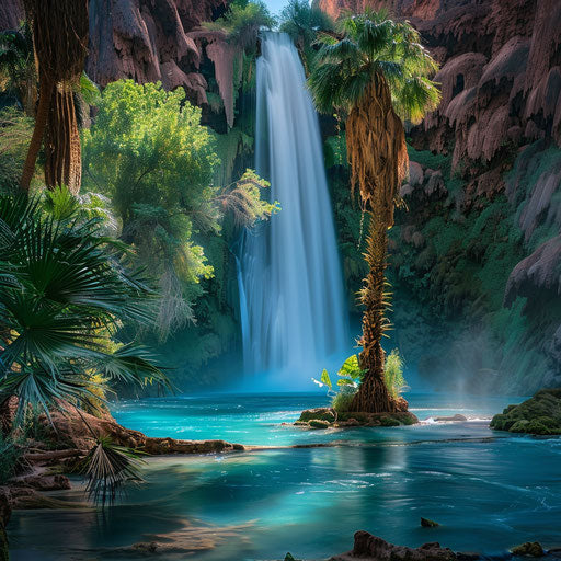 Havasu Falls surrounded by lush tropical foliage