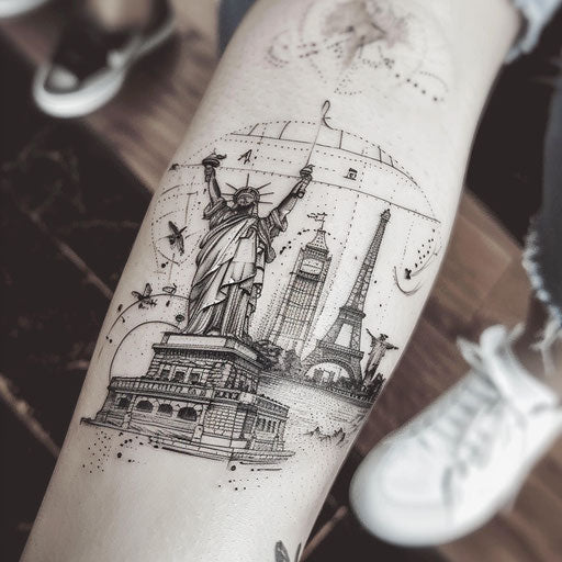 Artistic tattoo of a traveler's notebook with sketches of various landmarks on white background