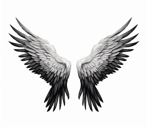 Black and white wings isolated on white background, embroidery style illustration, birds-eye-view, digitally enhanced