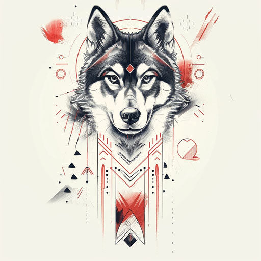 Flat tattoo sketch with husky and elegant geometric motifs