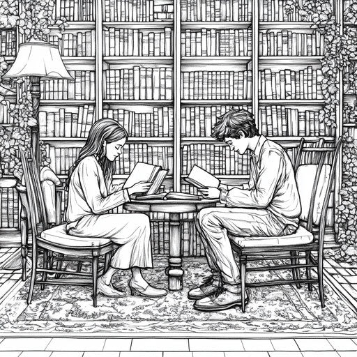 Friends studying in a cozy library, Stephen Wiltshire style, coloring book page