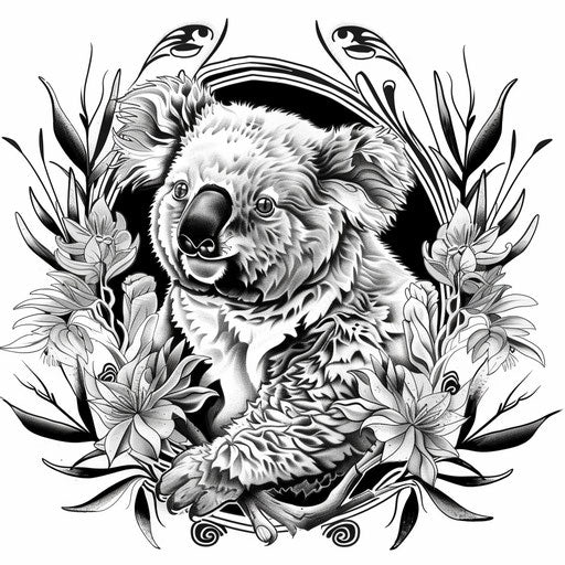 Flat tattoo sketch with a koala amidst stylized linear foliage inspired by art deco