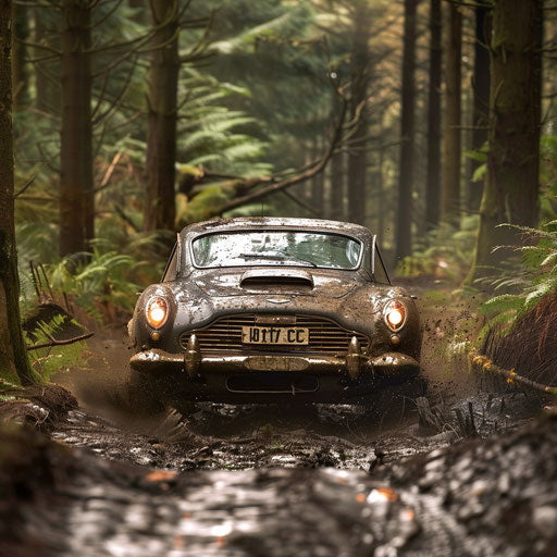 Rally-spec Aston Martin DB6 covered in mud, racing through a rugged trail.