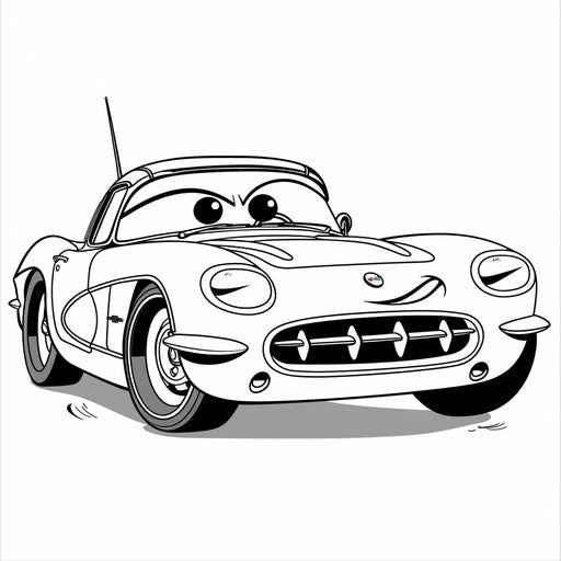 Whimsical cartoon Corvette with big eyes and smiling grille