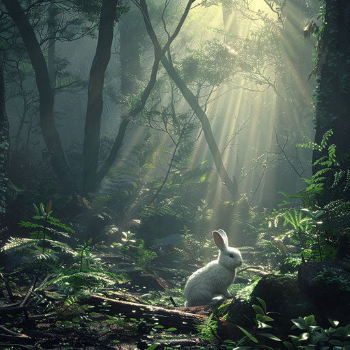 Misty morning in a lush forest, sun rays piercing through, illuminating a white tail rabbit foraging.