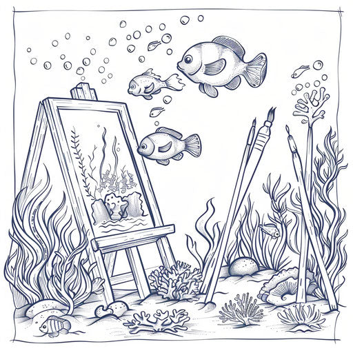 Whimsical underwater scene with fish painting coral reefs