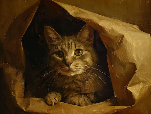A cat in a brown paper bag, masterful technique, dark comedy