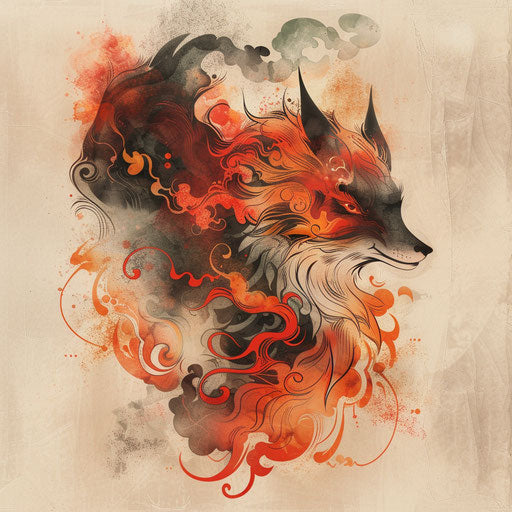 Fiery flat tattoo sketch of a kitsune with flames and smoke effects in a dramatic red and orange palette