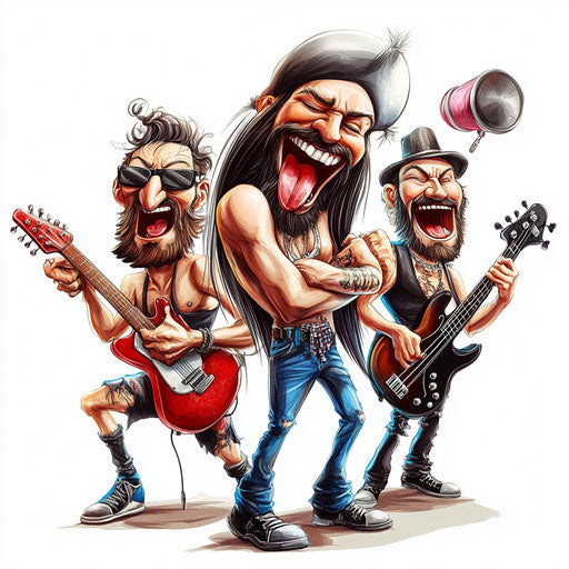 Humorous caricature of a band caricature clipart with human characteristics, exaggerated full lips, muscular arms, detailed textures, vibrant colors, cartoon style, pointing, high-resolution, no background, isolated –c 40