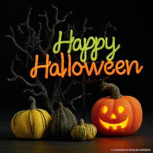 Sparkling Halloween sign with colorful pumpkins